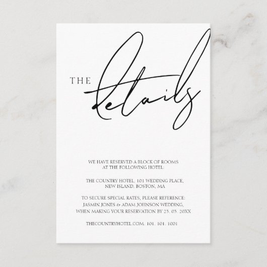 Eenvoudige witte script typografie bruiloft detail informatiekaartje (Voorkant)