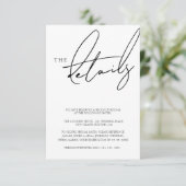 Eenvoudige witte script typografie bruiloft detail informatiekaartje (Staand voorkant)