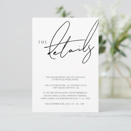 Eenvoudige witte script typografie bruiloft detail informatiekaartje (Staand voorkant)