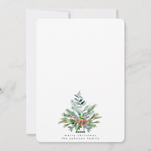 Eenvoudige witte sneeuw Waterverf Lush Greens Foto Feestdagenkaart (Achterkant)