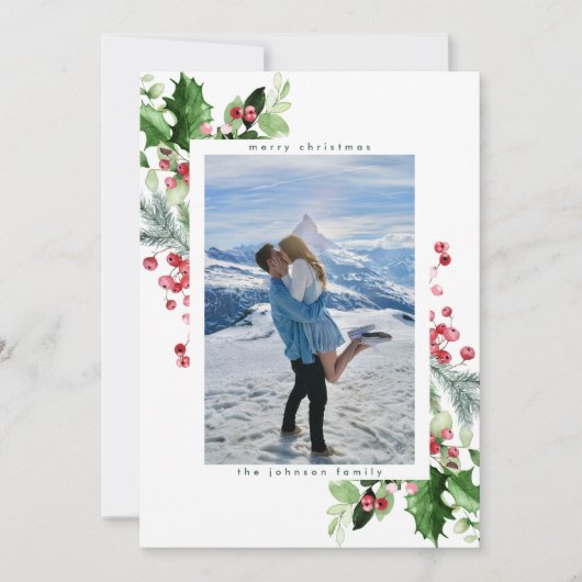 Eenvoudige witte sneeuw Waterverf Lush Greens Foto Feestdagenkaart (Voorkant)