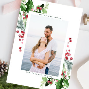 Eenvoudige witte sneeuw Waterverf weelderige green Feestdagenkaart