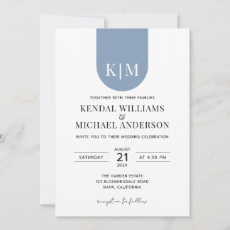 Eenvoudige witte stoffige blauwe elegante monogram kaart
