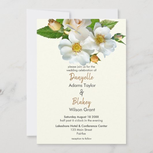 Eenvoudige witte wilde Rozen op het moderne huweli Kaart (Voorkant)