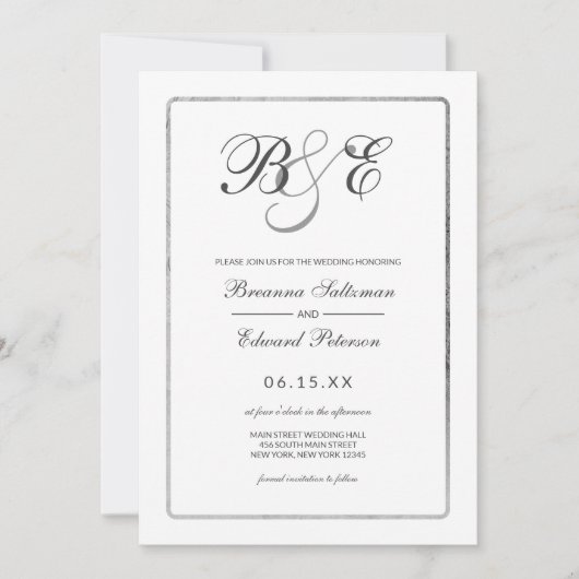 Eenvoudige Witte Zilveren Rand Monogram Huwelijk Kaart (Voorkant)