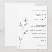 Eenvoudige witte zwarte bloemenbruiloft uitnodigin kaart (Voorkant / Achterkant)