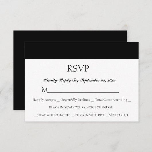 Eenvoudige witte zwarte bruiloft voor maaltijdkeuz RSVP kaartje (Voorkant / Achterkant)