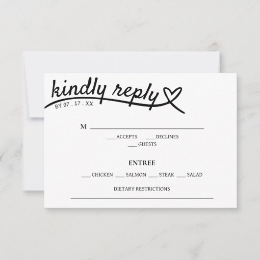 Eenvoudige Witte & Zwarte Hartreactie Bruiloft RSV RSVP Kaartje (Voorkant)