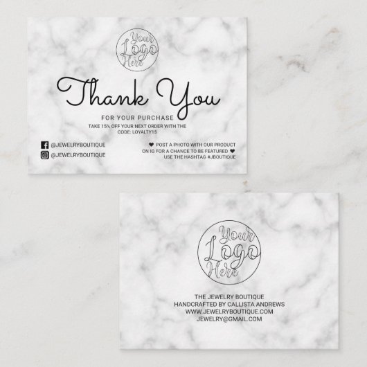 Eenvoudige Witte Zwarte Marmeren Klant Dank u Visitekaartje (Voorkant / Achterkant)