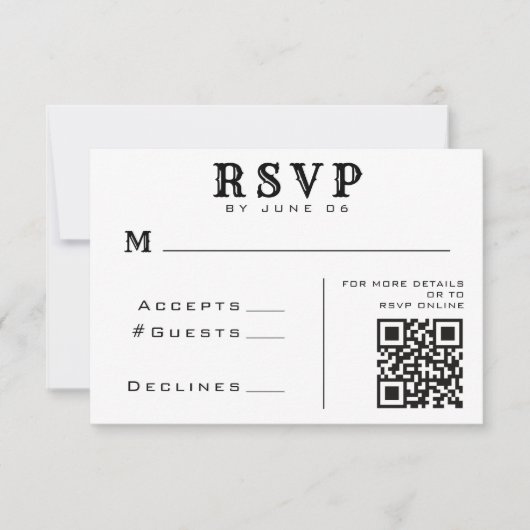 Eenvoudige Witte & Zwarte QR Code Huwelijksdetails RSVP Kaartje (Voorkant)