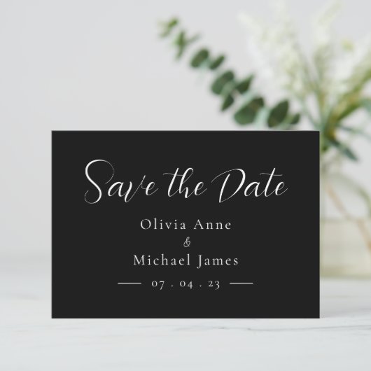 Eenvoudige witte & zwarte script 'Save the Date' Save The Date (Staand voorkant)