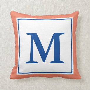 Eenvoudige zalm en diepblauw Monogrammen Kussen