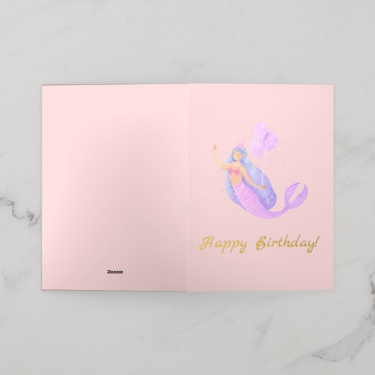 Eenvoudige Zeemeermin Verjaardag Roze Peach Folie Wenskaart (Buiten Laag)