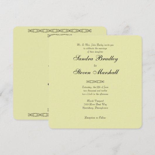 Eenvoudige, zeer lichte, gele huwelijksuitnodiging kaart (Voorkant / Achterkant)