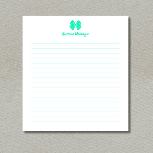 Eenvoudige zeeschuim groene strik script aangepast notitieblok