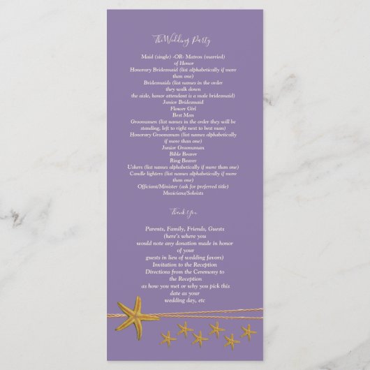  Eenvoudige zeesterren ceremonie Programma Programmakaart (Achterkant)