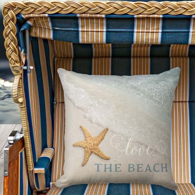 Eenvoudige zeesterren golven strand huis kussen (Simple starfish beach waves coastal nautical pillow with (optional) script text)