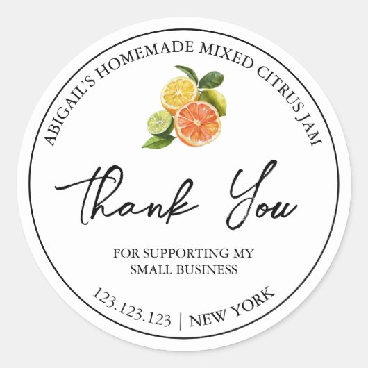 Eenvoudige zelfgemaakte gemengde citrus jam dank u ronde sticker (Voorkant)