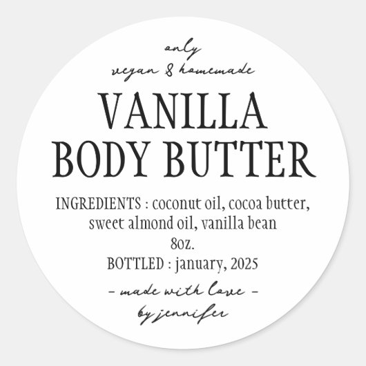 Eenvoudige zelfgemaakte vanille body boter ingredi ronde sticker (Voorkant)