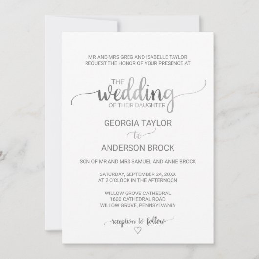 Eenvoudige Zilver Folie Calligraphy Formele Trouwd Kaart (Voorkant)