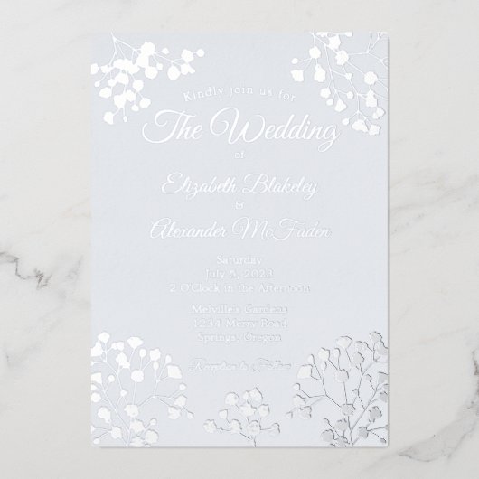 Eenvoudige zilveren bloem op een elegante blauwe b folie uitnodiging (Voorkant)