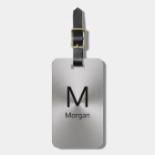 Eenvoudige zilveren en zwarte monogram- en naamtem bagagelabel (Voorkant verticaal)