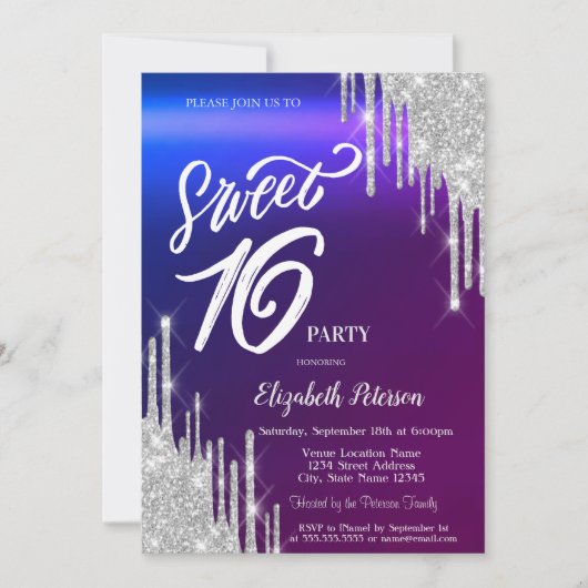 Eenvoudige Zilveren Glitter Drips Ombre Sweet 16 Kaart (Voorkant)