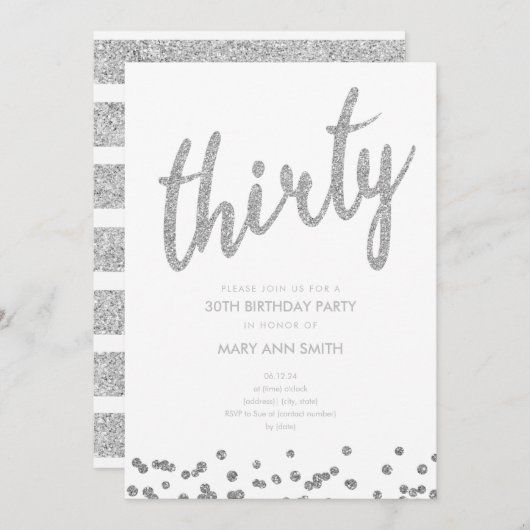 Eenvoudige Zilveren Glitter Type 30th Birthday Par Kaart (Voorkant / Achterkant)