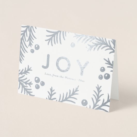 Eenvoudige zilveren JOY-vakantiecaarten | Echte Fo Folie Kaarten (Voorkant)