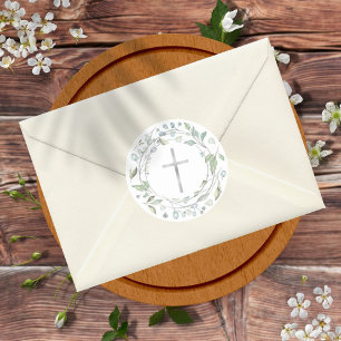 Eenvoudige zilveren kruis laurierkrans groen ronde sticker