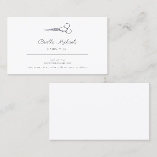 Eenvoudige zilveren schaar Elegant Script Hair Sty Visitekaartje (Voorkant / Achterkant)