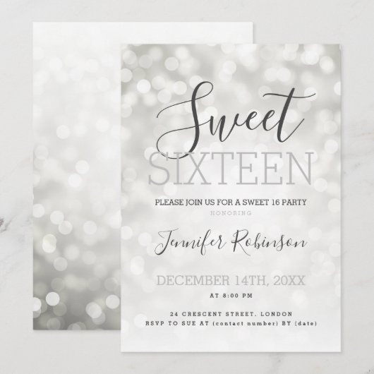 Eenvoudige Zilverige 16-jarige Sparkly Lights Kaart (Voorkant / Achterkant)