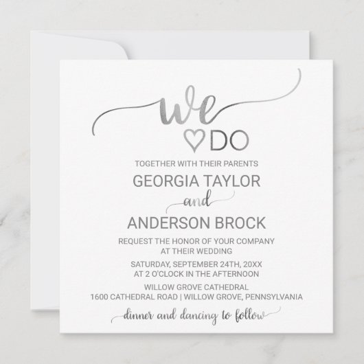 Eenvoudige zilverkalligrafie "We do"-plechtige bru Kaart (Voorkant)
