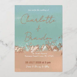 Eenvoudige zomer strand bruiloft rosegoud folie uitnodiging