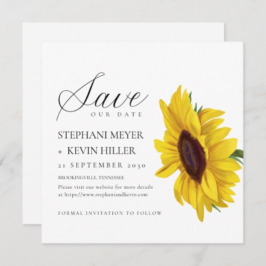 Eenvoudige Zonnebloem Elegant Script Wedding Save The Date (Voorkant / Achterkant)