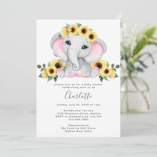 Eenvoudige zonnebloem Elephant Baby Girl Shower Kaart (Staand voorkant)