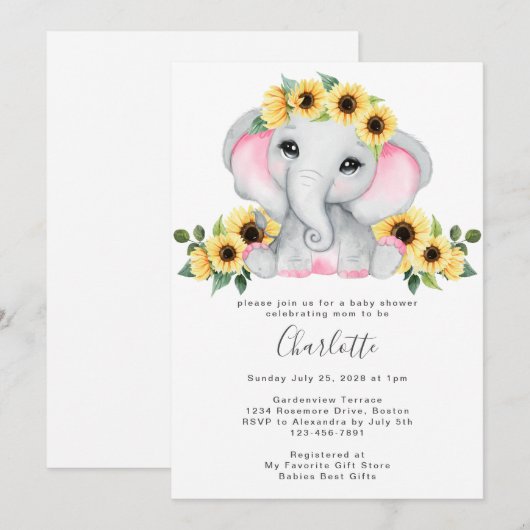 Eenvoudige zonnebloem Elephant Baby Girl Shower Kaart (Voorkant / Achterkant)