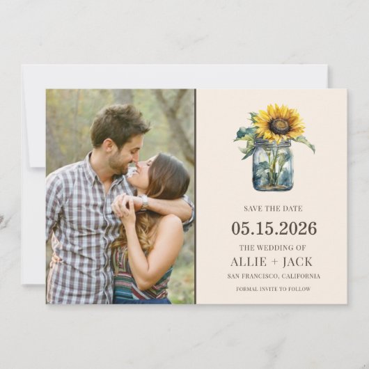 Eenvoudige zonnebloem rustieke bruiloft foto save the date (Voorkant)