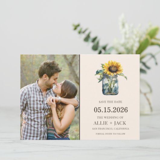 Eenvoudige zonnebloem rustieke bruiloft foto save the date (Staand voorkant)