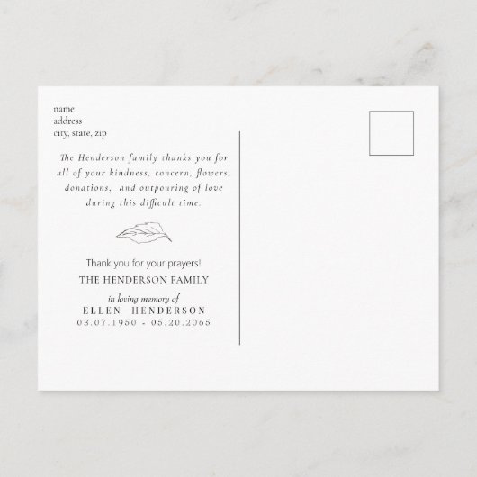 Eenvoudige zonnebloem salie begrafenis dank u briefkaart (Achterkant)