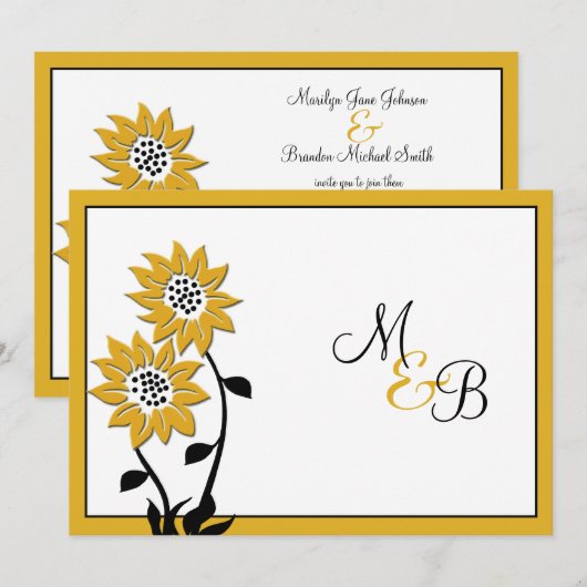 Eenvoudige zonnebloemen monogram bruiloft uitnodig kaart (Voorkant / Achterkant)
