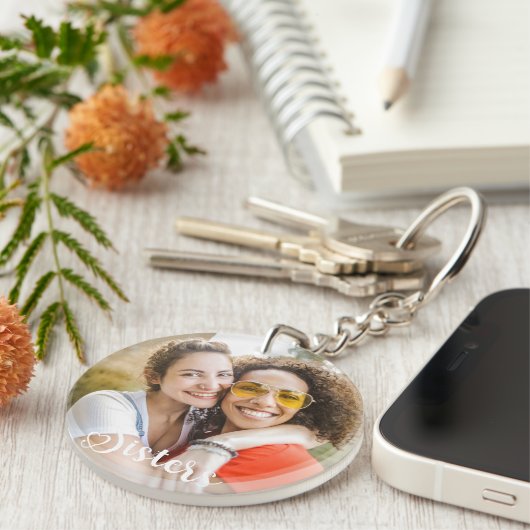 Eenvoudige zusters Een foto Elegant Script Heart Sleutelhanger (Voorkant Rechts)