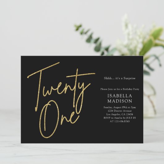 Eenvoudige zwart en gouden glitter 21e verjaardag kaart (Staand voorkant)