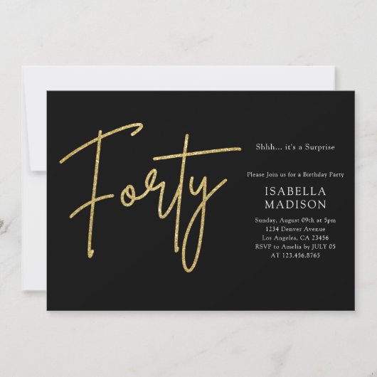 Eenvoudige zwart en gouden glitter 40e verjaardag kaart (Voorkant)