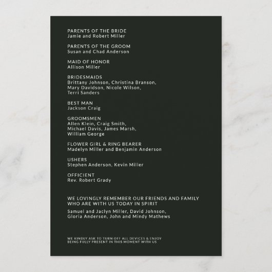 Eenvoudige zwart gespleten marge bruiloft ceremoni programmakaart (Achterkant)