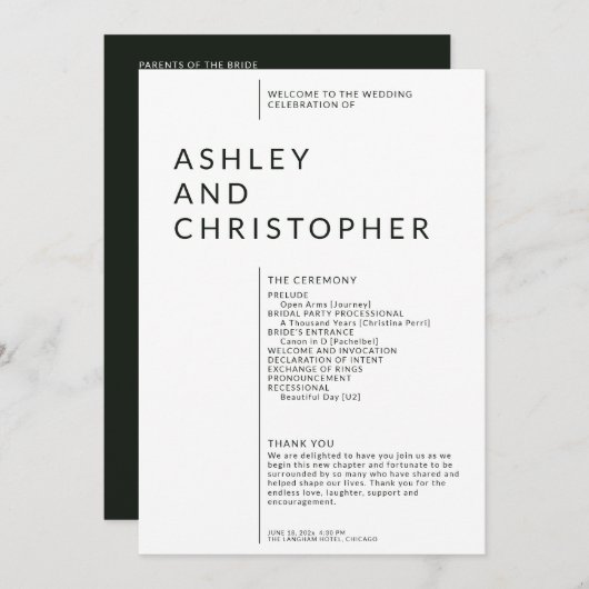 Eenvoudige zwart gespleten marge bruiloft ceremoni programmakaart (Voorkant / Achterkant)