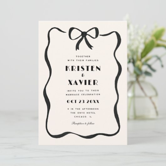 Eenvoudige zwart golvende rand boog bruiloft kaart (Staand voorkant)