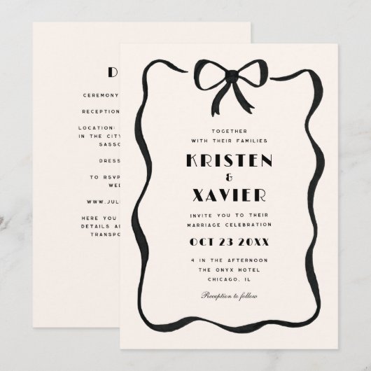Eenvoudige zwart golvende rand boog bruiloft kaart (Voorkant / Achterkant)