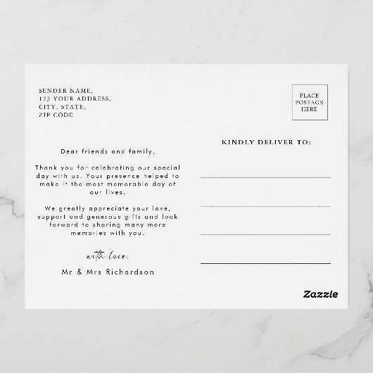 Eenvoudige zwart goud foto bruiloft dank u folie uitnodiging briefkaart (Achterkant)