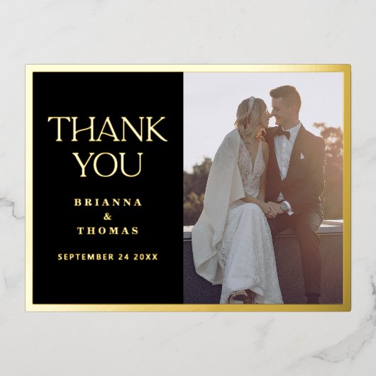Eenvoudige zwart goud foto bruiloft dank u folie uitnodiging briefkaart (Voorkant)